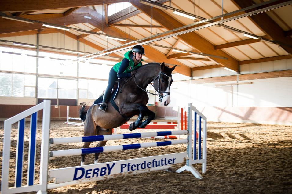 Reiterin springt mit ihrem Pferd über ein Hindernis in einer Reithalle mit Holzdecke und Sandboden.